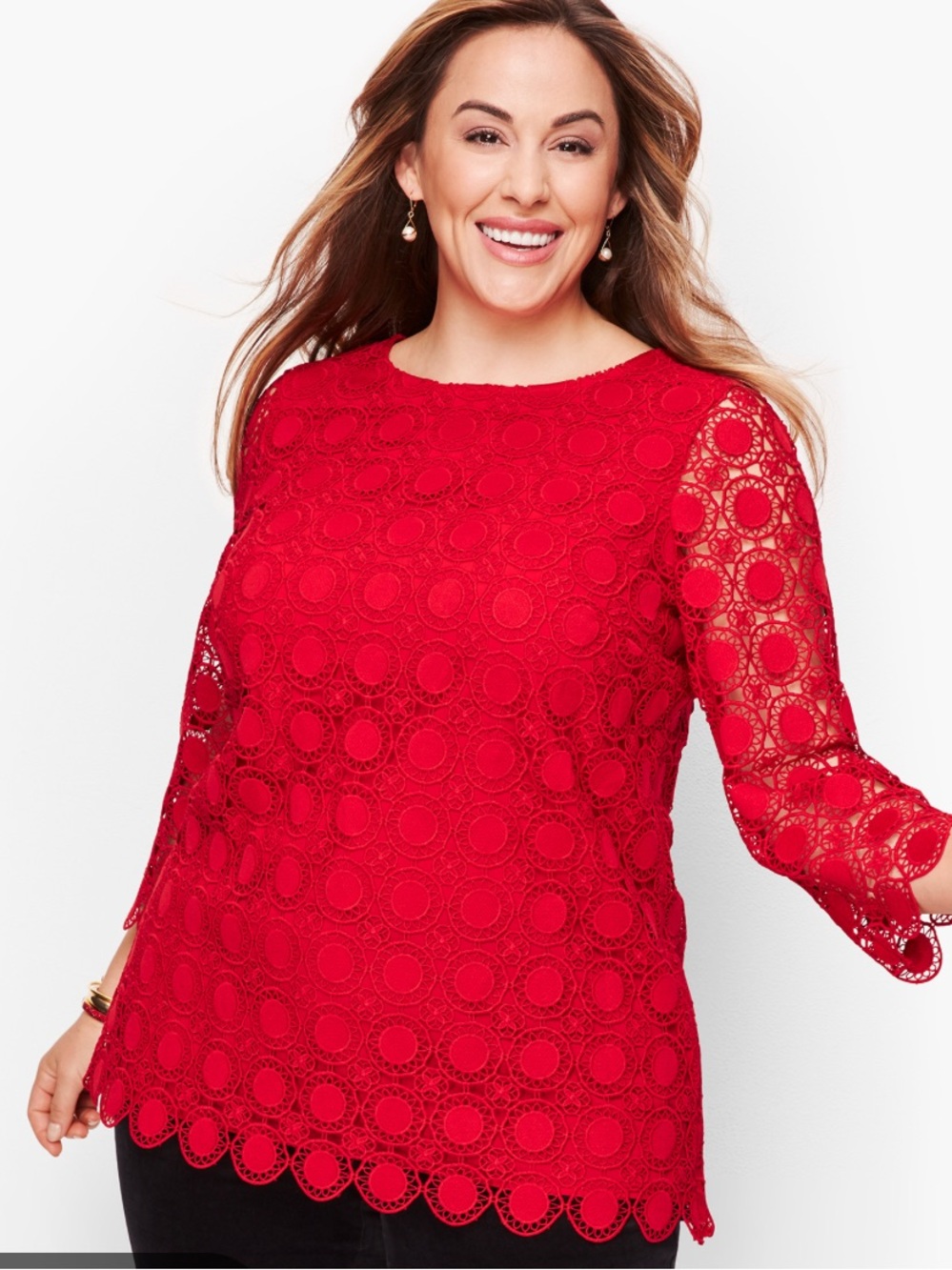 Talbots Plus size 2X Womens Red medallion Lace Top 3/4 Sleeves